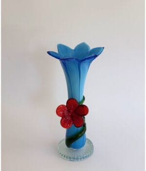 Blue Murano Glass vase with red flower