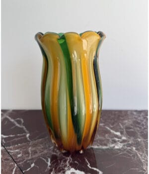 Amber green and yellow striped Murano Glass vase