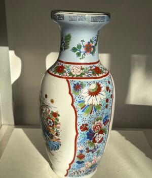 Blue White & Red Ceramic Vase With Flowers